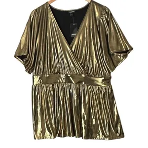 Torrid Top Liquid Shine Peplum Blouse Sz‎ 18/20 Gold Metallic Party New thumbnail 2