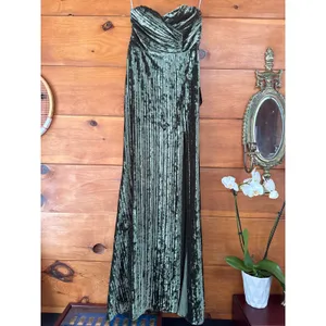NWT Lulus Classy Sensation Olive Velvet Pleated Strapless Maxi Dress Gala Sz L thumbnail 2