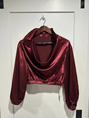 COMMENSE Satin Cowl Neck Cropped Cinched Blouse Brown Size M thumbnail 2