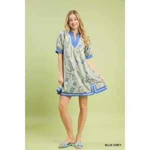 Umgee Floral Puff Sleeve Dress with Contrast Trim‎ - Blue Grey - Small thumbnail 4