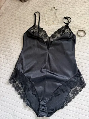 Bestform Vtg 80’s 36 black lace trim nylon lingerie bodysuit whimsy goth thumbnail 1