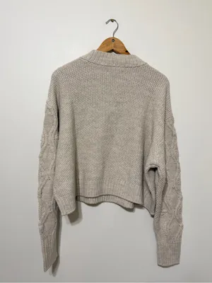 NWT AE Snow Stopper Sweater Size Large Cream Cable Knit Chunky NEW beads thumbnail 7