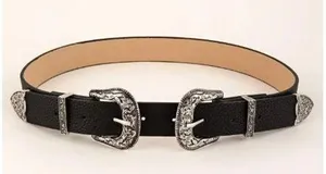 Double-Buckle Western Belts for Women, Vintage Design Leather Rhinestone Waist B thumbnail 2