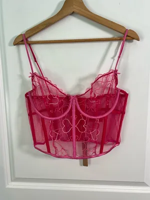 NWT SKIMS Embroidered Tulle Hearts Corset Top Size Large Pink Punch thumbnail 2