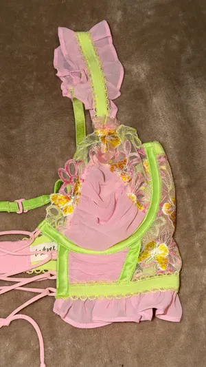 Exclusive For Love & Lemons & Victoria's Secret. Pink bra with yellow & orange floral embroidery and green trim #lingerie #floral thumbnail 3
