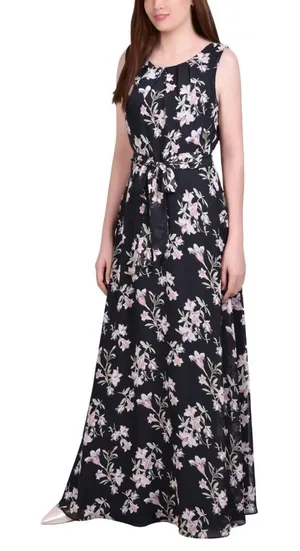 NWT Ny Collection Womens Belted Chiffon Maxi Dress MCCD3995 Black and Pink XL thumbnail 1