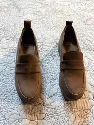 💥 Eileen Fisher Max Nubuck Leather Wedge Platform Loafers Taupe Sz 7 🧡 thumbnail 11