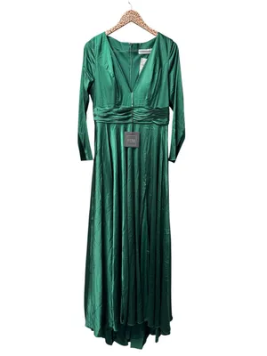 Ieena for Mac Duggal Long Sleeve Satin A-Line Maxi Dress Gown Emerald Green 10 thumbnail 4