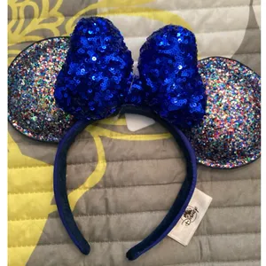 NWT Disney Parks 2020 Minnie Mouse Multi-color ears headband blue sequin bow thumbnail 1