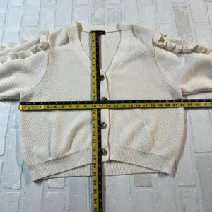 Ann Taylor Cardigan Sweater Womens XL Ivory 3/4 Ruffle Sleeve Button Chunky Knit thumbnail 2