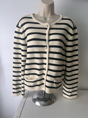 RIHOAS Cream and Black Striped Button-Front Cardigan thumbnail 1