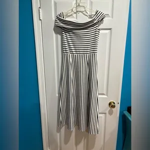Derek Lam off shoulder knit striped dress midi M white black thumbnail 2