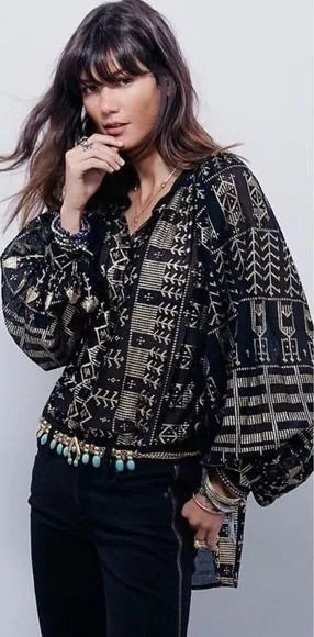 Free People New Romantics Palacio Blouse Womens Black‎ Gold XS thumbnail 1