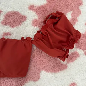 Rust Red Puff Sleeve Bikini Top Size S | Padded Bra Cups | Ruffle Trim Swimwear thumbnail 3