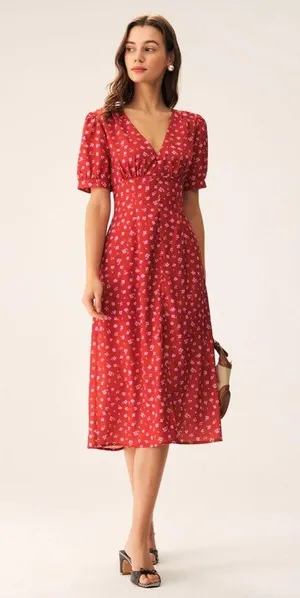 Rihoas Red Floral Ruched Midi Dress thumbnail 4