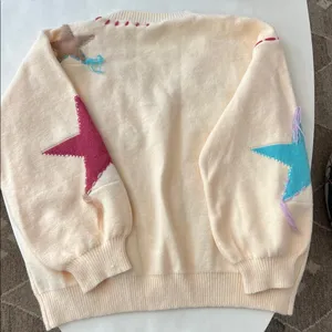 POL Patchwork Star Sweater - Beige V Neck Thick Knit Size Medium thumbnail 7