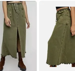 Free People Woke Up Like This stretch waist maxi green denim slit skirt sz L thumbnail 2