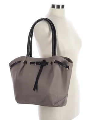 Anthropologie Gray Taupe Tote Bag Black Trim Gold Hardware Shoulder Bag thumbnail 1