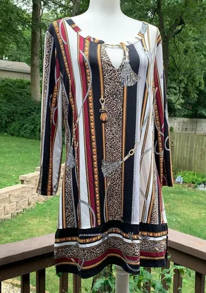 WHBM White House Black Market Size M Liquid Knit Blouse Top Tassels Print thumbnail 1