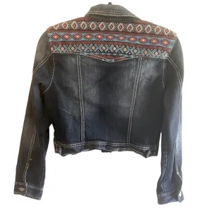 Maurices Dark Wash Short Button Up Jean Jacket Aztec‎ Embroidery Detail Size M thumbnail 2