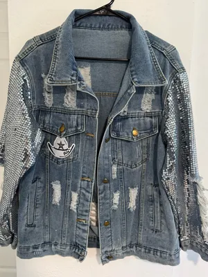 NFL Dallas Cowboys bedazzled Sequin Sleeve Distressed Denim Jacket - Blue thumbnail 1