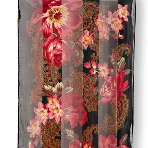 VINTAGE Ralph Lauren Silk Sheer Black w/ Red Floral & Gold Thread 54 X 11" Scarf thumbnail 6