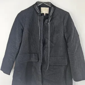 Maje Gretelle‎ Leather Trim Jacquard Knit Longline Coat Parisian Car Coat Sz 36 thumbnail 9