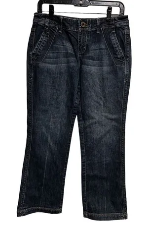 Womens Dark Wash Cropped Flare Jeans Low Rise Y2K‎ Style Denim Blue 31x25 thumbnail 1