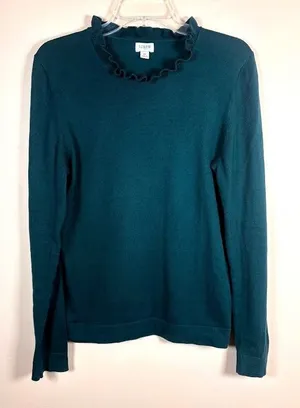 J Crew Green Ribbed Ruffle Neck Long Sleeve‎ Cotton Sweater Women's Medium thumbnail 1