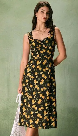 RIHOAS The Black Sweetheart Neck Lemon Midi Dress thumbnail 1