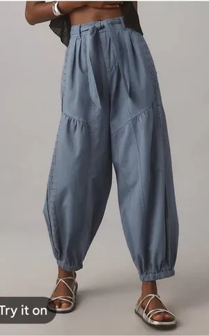 NWT Anthropologie L Washed Linen Blend Jogger Pants Eyelet Blue Drawstring thumbnail 1