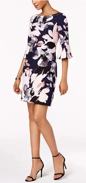 NWT VINCE CAMUTO Women’s Dress Sz 2‎ Navy Blue Floral Bell-Sleeve Shift Cocktail thumbnail 1