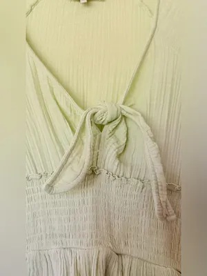 True Craft Sage Green Tie-Front Smocked Waist Tunic Gauzy Dress thumbnail 3