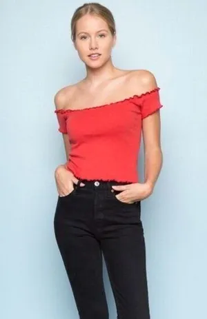 Red off shoulder top thumbnail 1