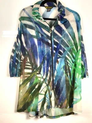Valentina Womens XL Mesh Jacket Blue Green Tropical Print Sheer Lightweight thumbnail 2