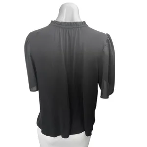 Ann Taylor LOFT Women's Black Ruffle Tie Neck Short Puff Sleeve Blouse Top Sz S thumbnail 2