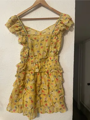 LoveShackFancy Phyllis Yellow Floral Ruffle Tiered Mini Dress Size XS thumbnail 4