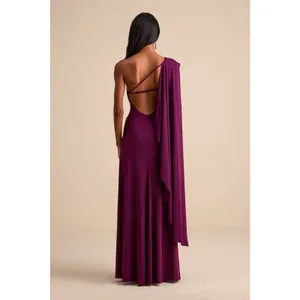 NWT Lulus Maru Plum Purple Long Sleeve One-Shoulder Sash Maxi Dress Gala Size S thumbnail 3