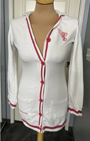 Triple Five Soul Button Up Cardigan Hoodie White Pink Varsity Y2K Retro thumbnail 1