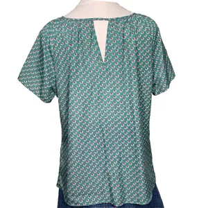 Tulle Elephant Print Blouse Women Small‎ Teal Green Tie Neck Shoulder Cutout Top thumbnail 4