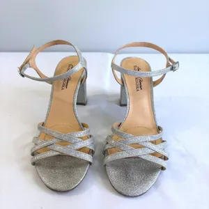 American Glamour Badgley Mischka Silver Glitter Block Heel Sandals Womens 6‎ thumbnail 2