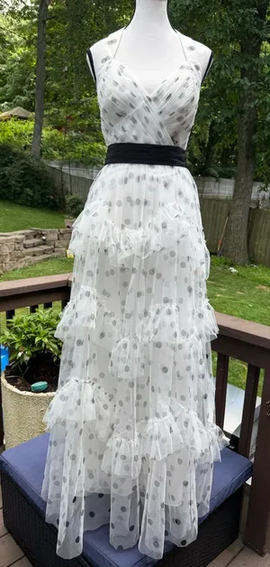 BCBG MAXAZRIA DRESS Maxi Formal LONG GOWN WHITE BLACK POLKA DOT 4 S Ruffle thumbnail 1
