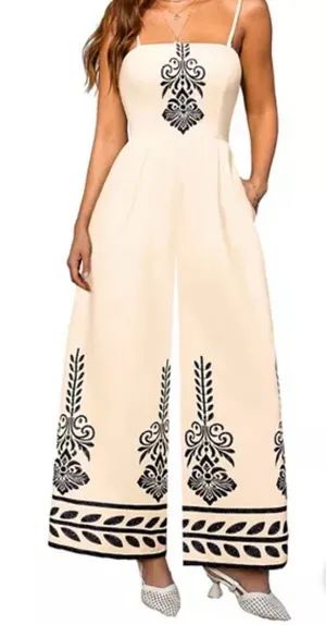 Cupshe Woman’s Cream Wide-Leg Jumpsuit with Black Scroll Motif Size XL thumbnail 1