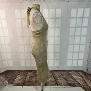 Capsulle Gold Metallic Halter Open Back Sleeveless Midi Bodycon Dress Large thumbnail 4