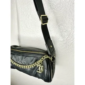 Juicy Couture Crossbody Bag Womens Small Black Faux Leather Chain Logo Barrel thumbnail 3