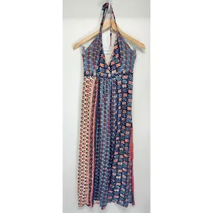Raga Blue Red Patchwork Boho Halter Neck Side Slit Maxi Dress Size Small thumbnail 2