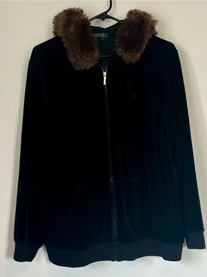 Ralph Lauren Navy Black Velvet Velour Zip Jacket with Removable Faux Fur Trim 2X thumbnail 1