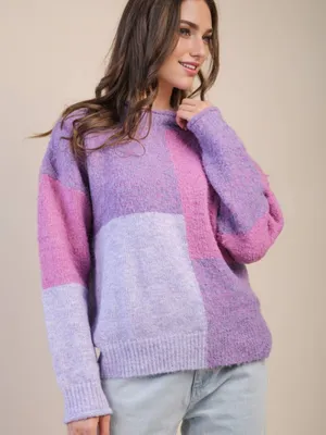 NWT Very J Oversized Color Block Cozy Knit Sweater Purple/Pink Size Large thumbnail 3
