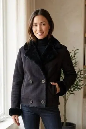 Lauren Black Label Double-Breasted faux suede faux fur coat Jacket minimalist L thumbnail 1