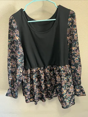 SHEIN Black Floral Peplum Tunic with Pink & Teal Accents thumbnail 5